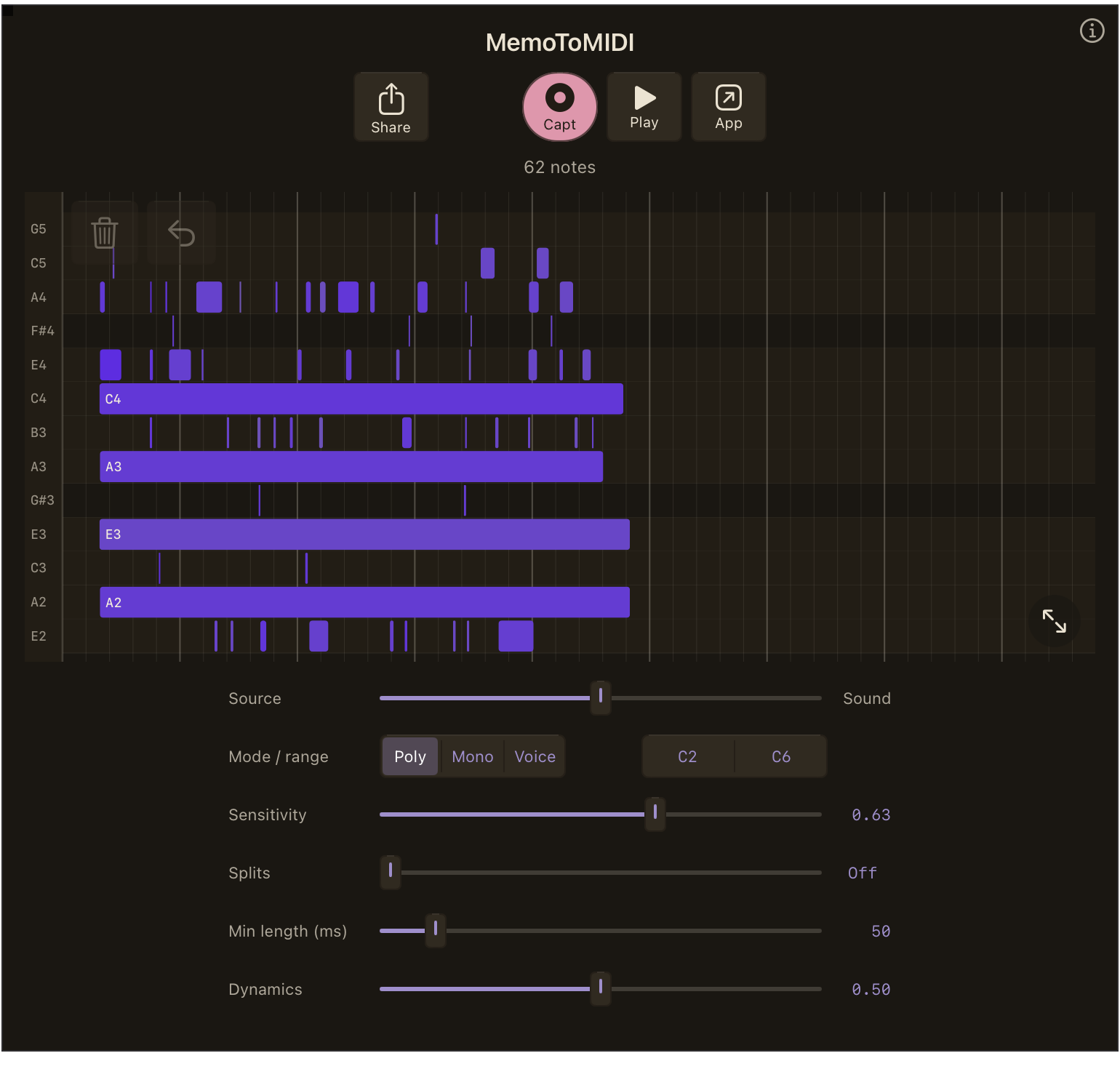The Bones MIDI plugin open in an AUv3 host on iPad, showing the piano roll and the detection controls.