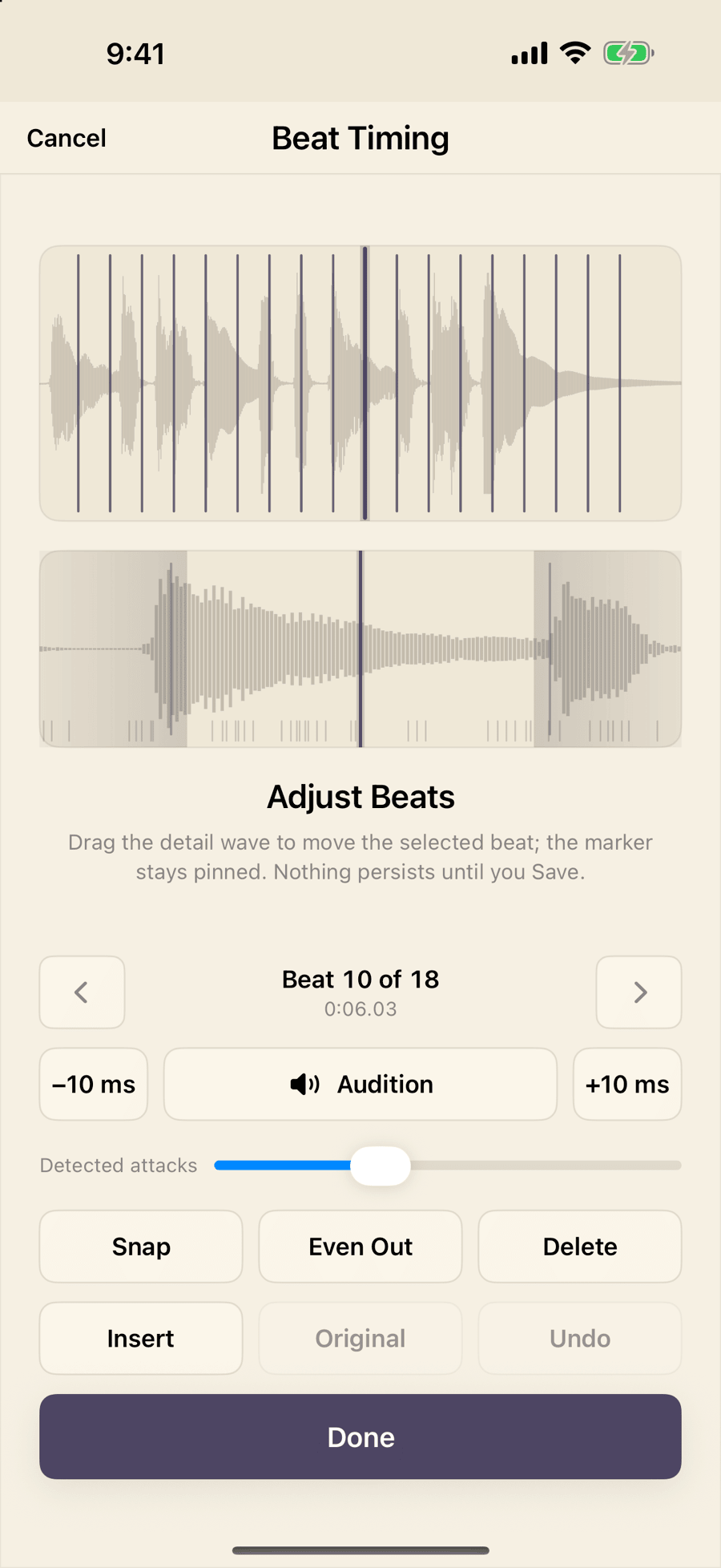Bones MIDI Adjust Beats review on iPhone showing the full-take and detail waveforms, Beat 10 of 18, nudge and audition controls, the Detected attacks slider, Snap, Even Out, Delete, Insert, Original, Undo, and Done