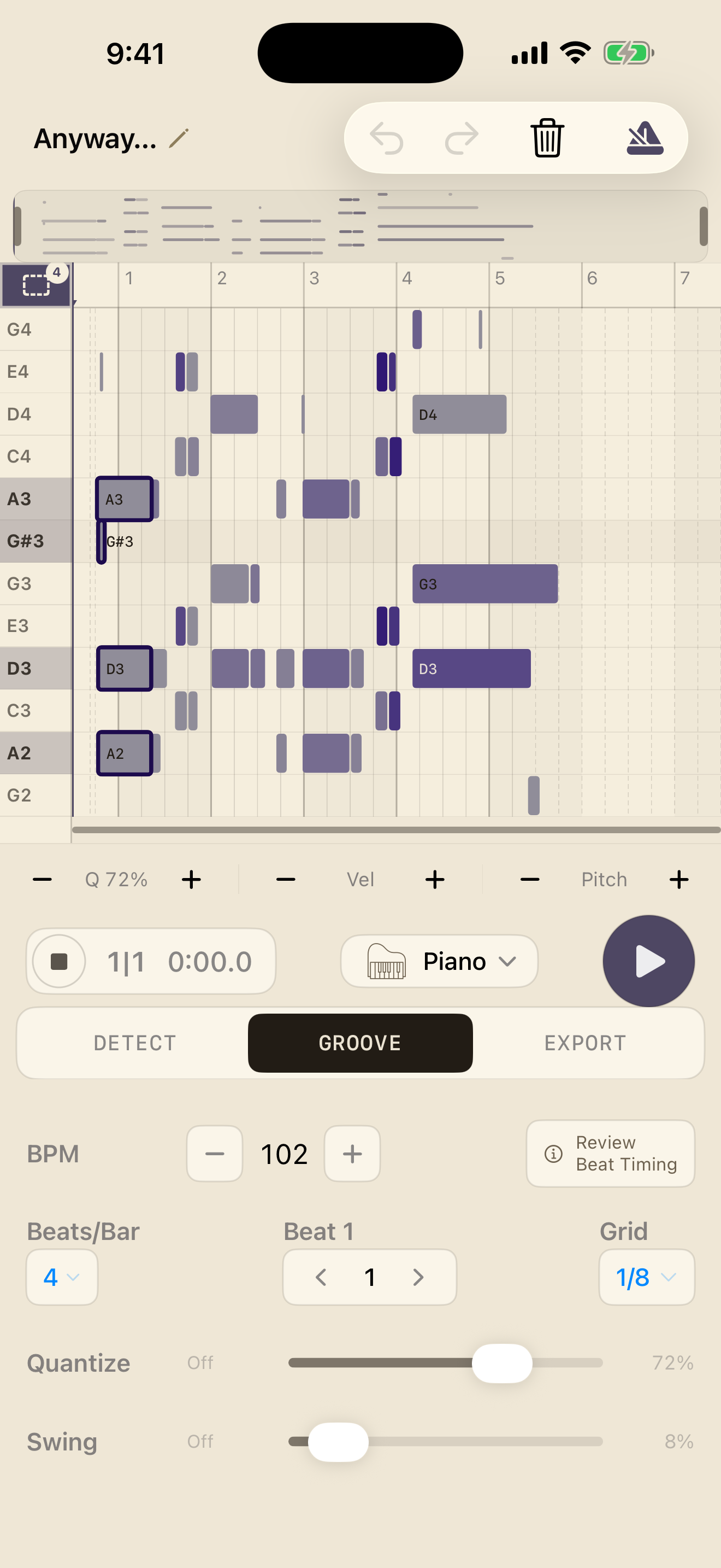 Bones MIDI iPhone Groove editor with Select mode active, four notes selected, and a 4 badge in the dashed-rectangle control