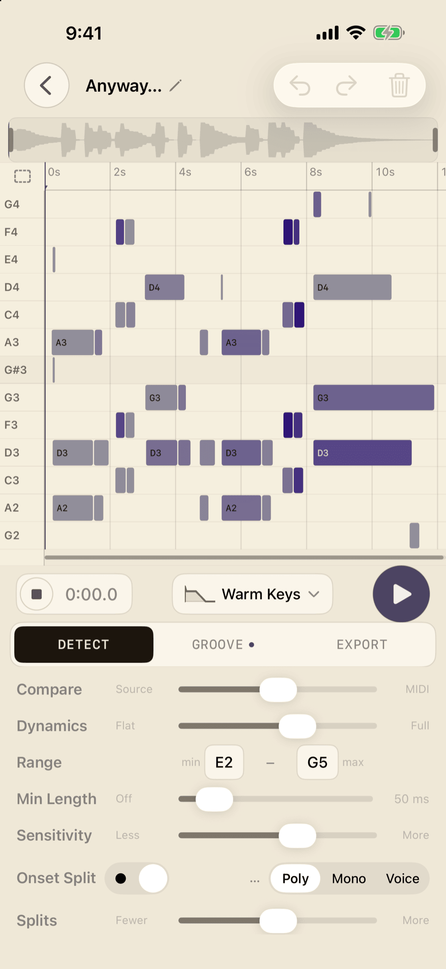 Bones MIDI Build 10 iPhone Editor showing a transcribed piano roll, Warm Keys playback voice, and the Detect controls