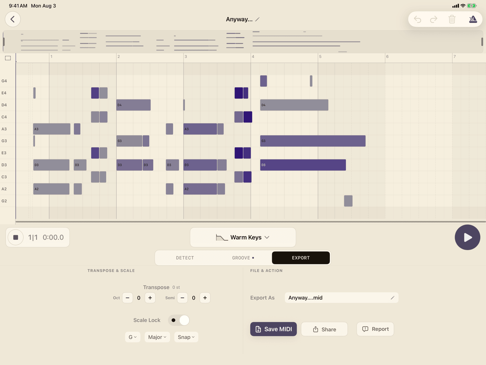 Bones MIDI Build 10 iPad Export panel with Transpose, Scale Lock, Export As, Save MIDI, Share, and Report controls