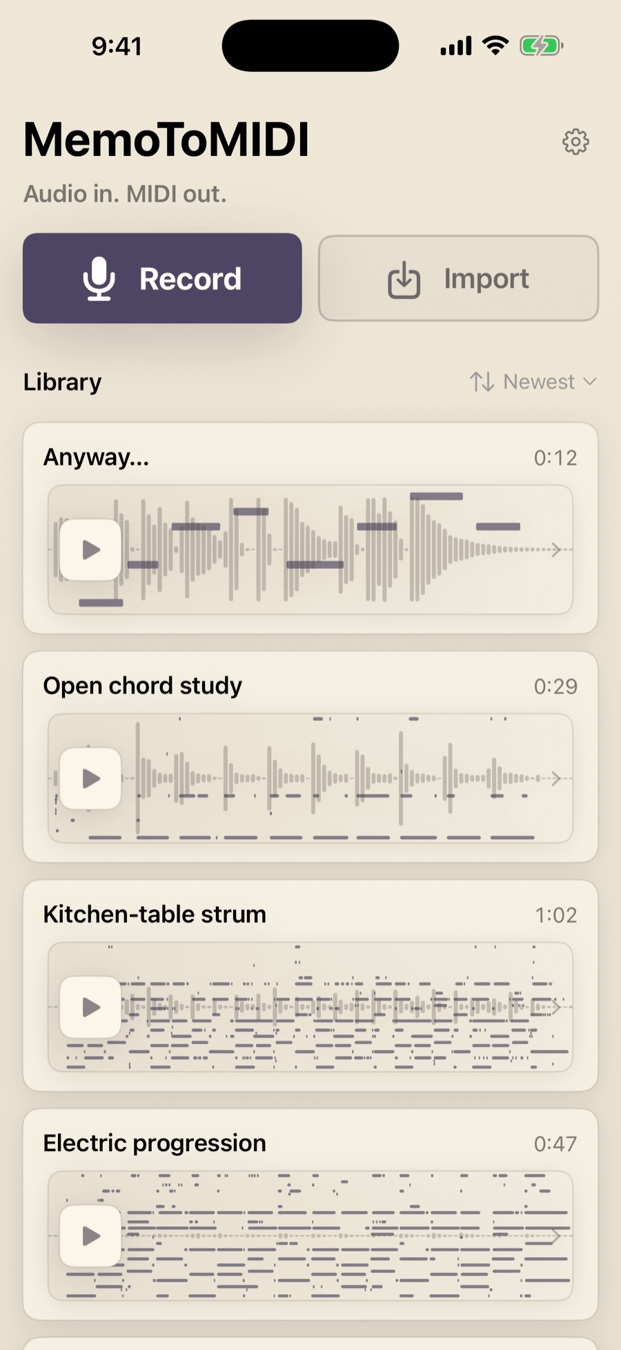 Current Bones MIDI Library on iPhone with named takes, waveform and MIDI previews