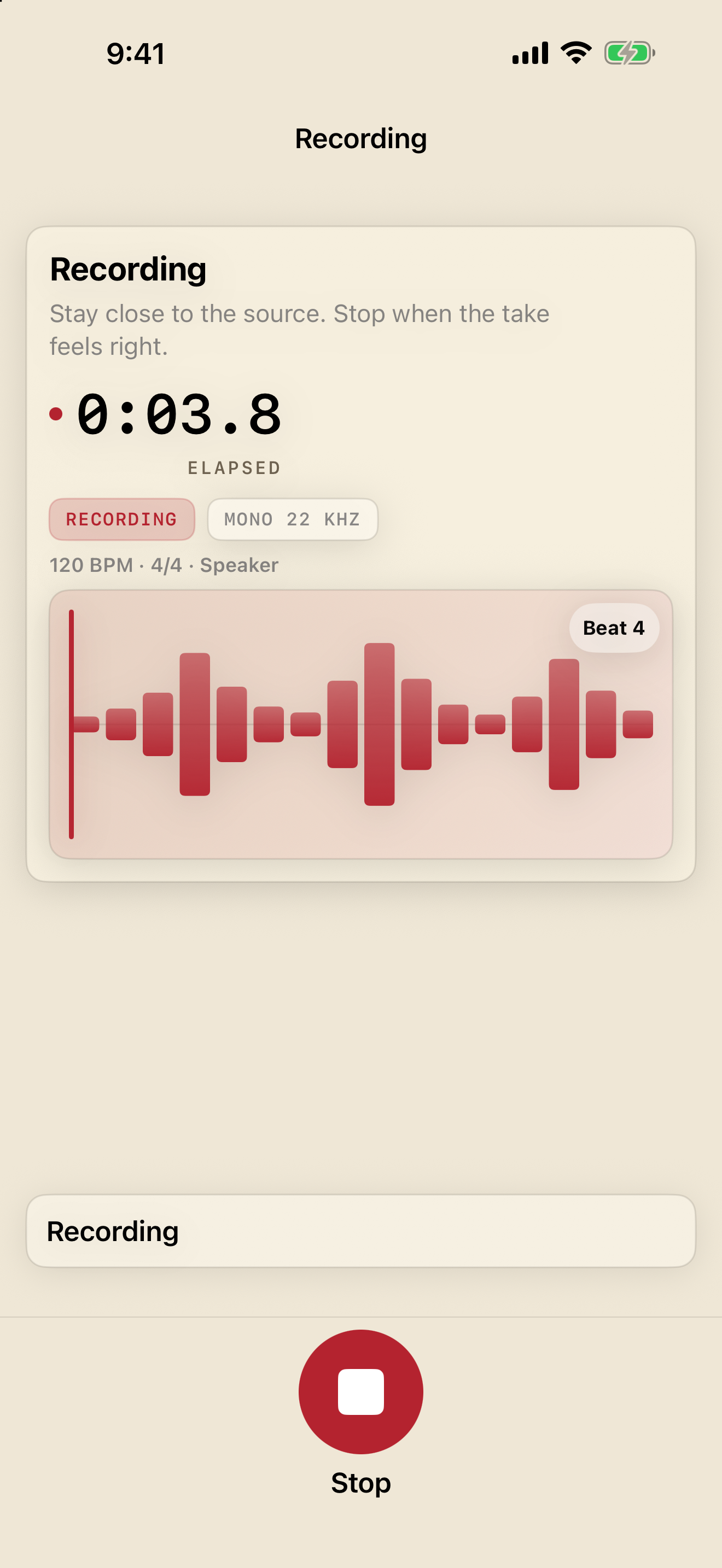 Bones MIDI recording on iPhone at beat four, with an elapsed timer, live waveform, beat indicator, and Stop control