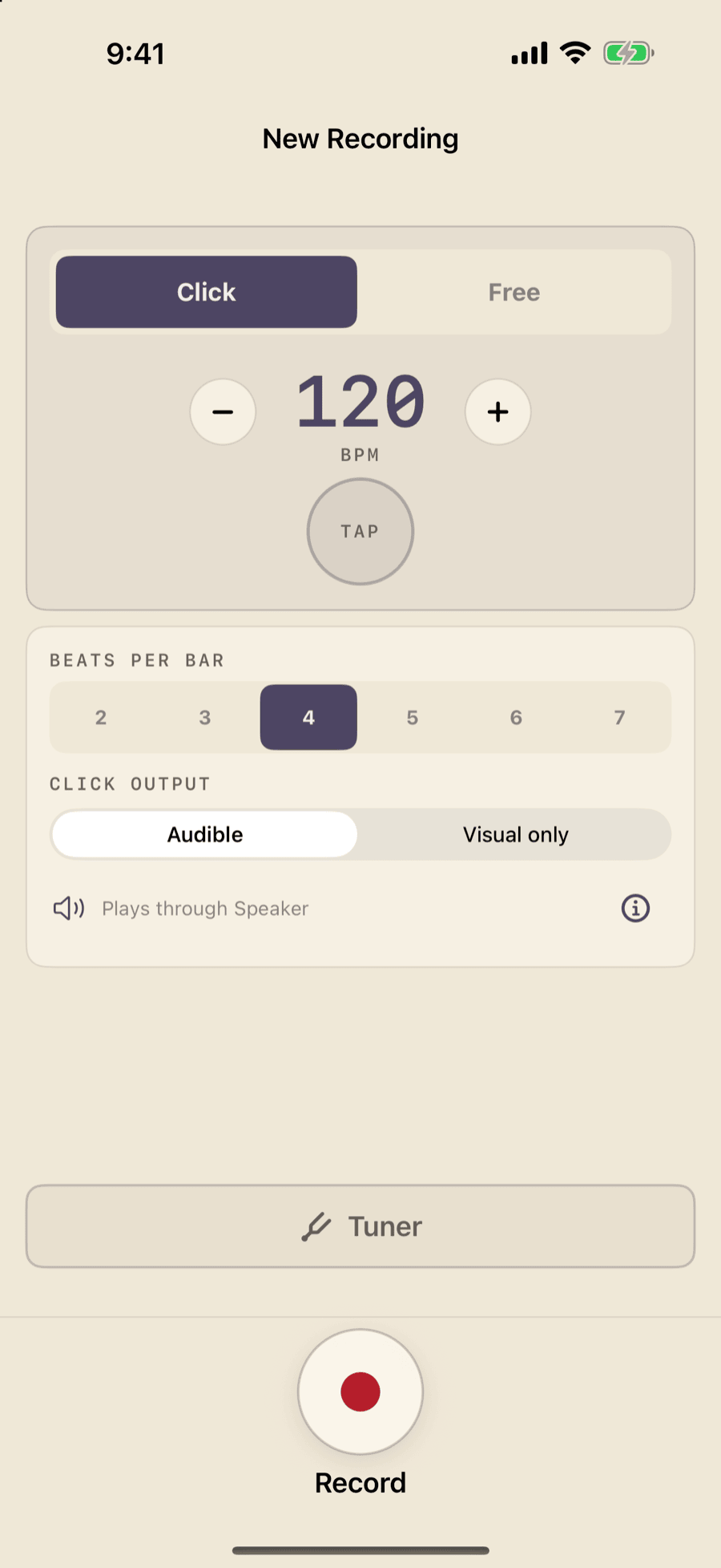 Bones MIDI ready-to-record screen on iPhone with Click selected at 120 BPM, four beats per bar, audible output, Tuner, and Record button
