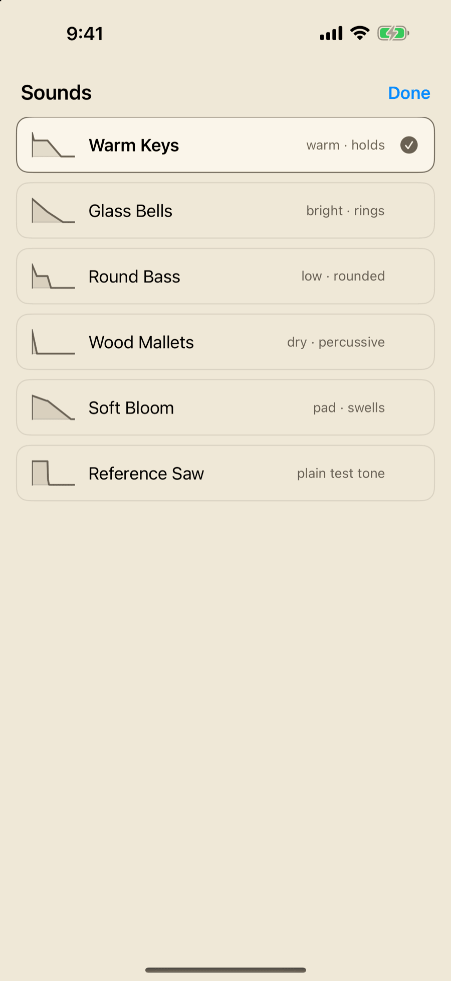 Bones MIDI sound picker on iPhone listing Warm Keys, Glass Bells, Round Bass, Wood Mallets, Soft Bloom, and Reference Saw