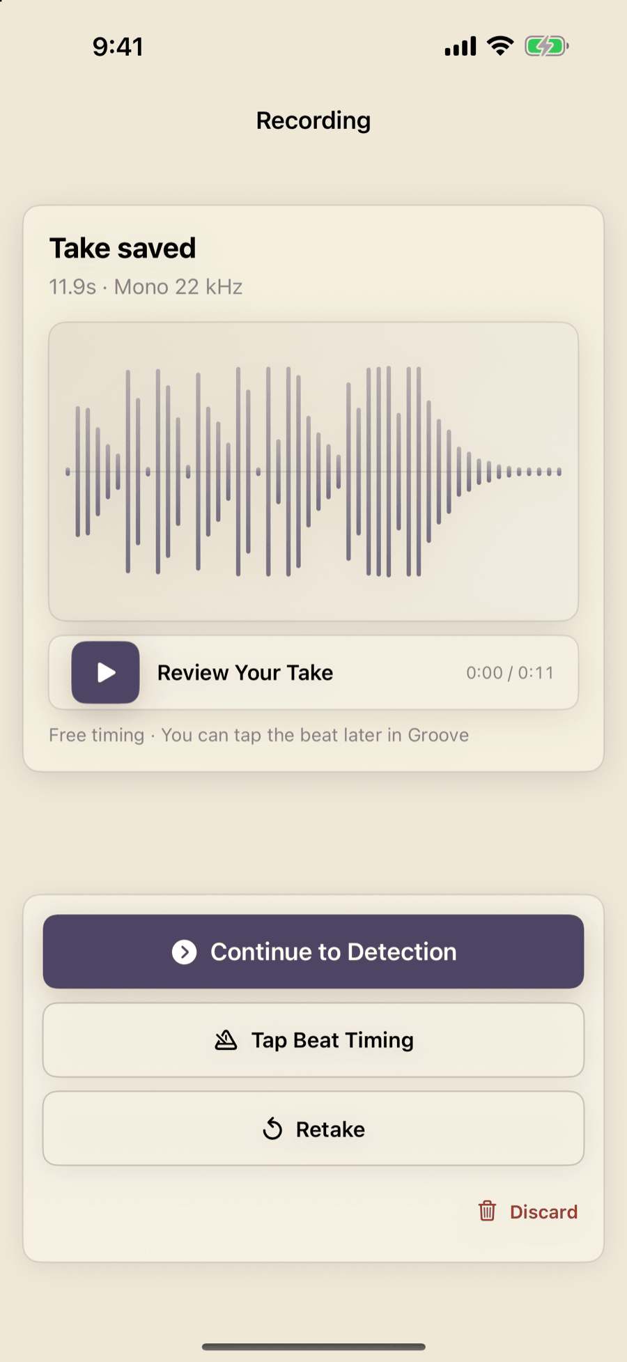 Bones MIDI free-take review on iPhone with Continue to Detection, Tap Beat Timing, Retake, and Discard actions